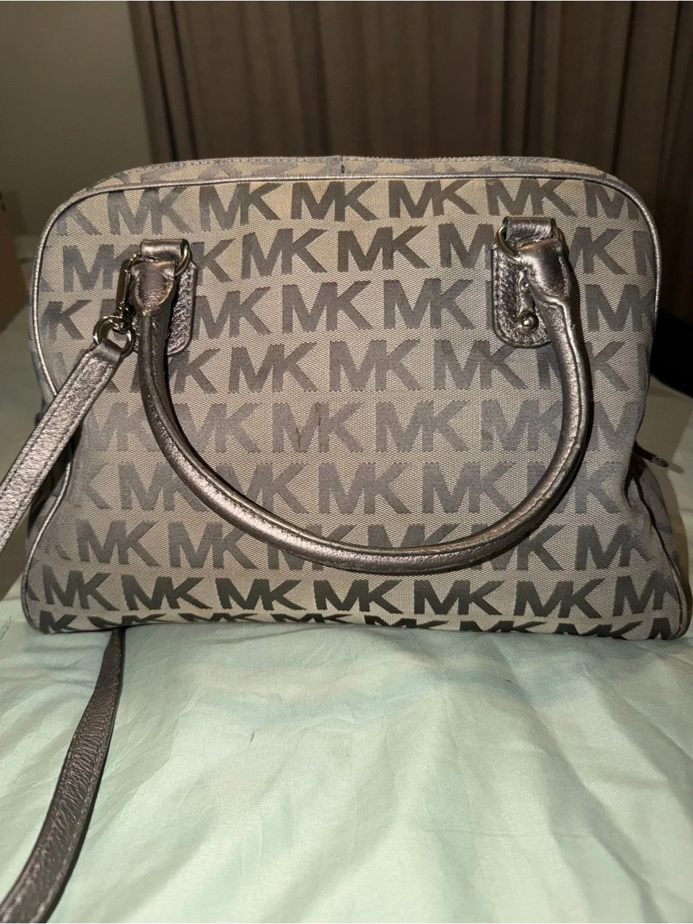 Michael Kors Gray MK Monogram Satchel with Metallic Handles